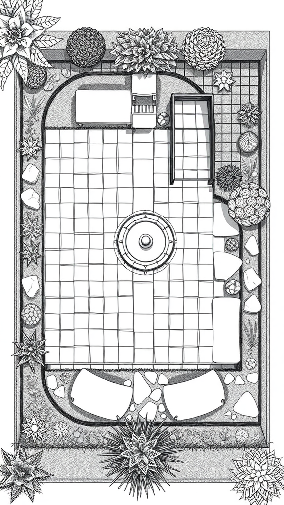 A detailed garden plan layout featuring a meditation corner with seating and plants.