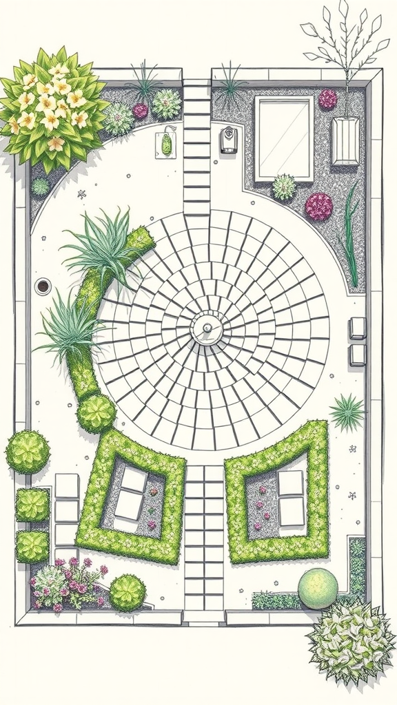 Illustration of a herb spiral garden layout with various plants and seating areas.