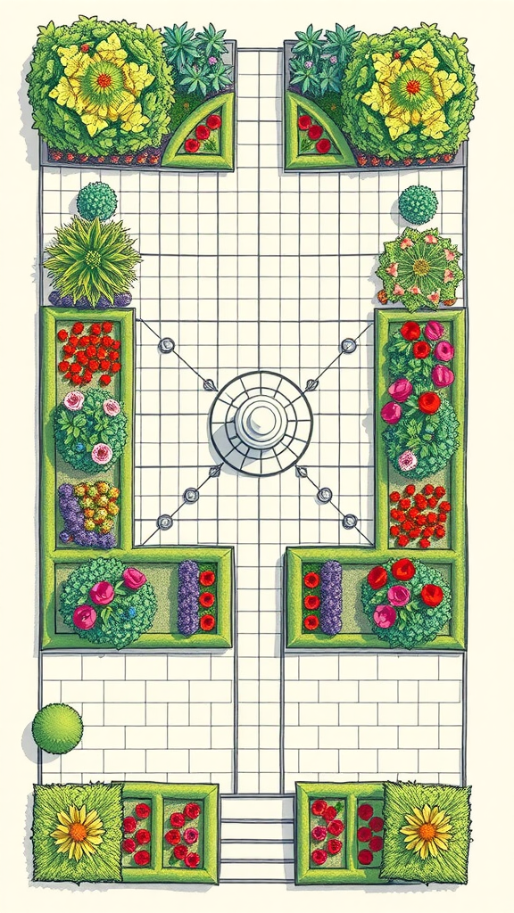 A detailed garden layout with symmetrical flower beds and a central circular feature.