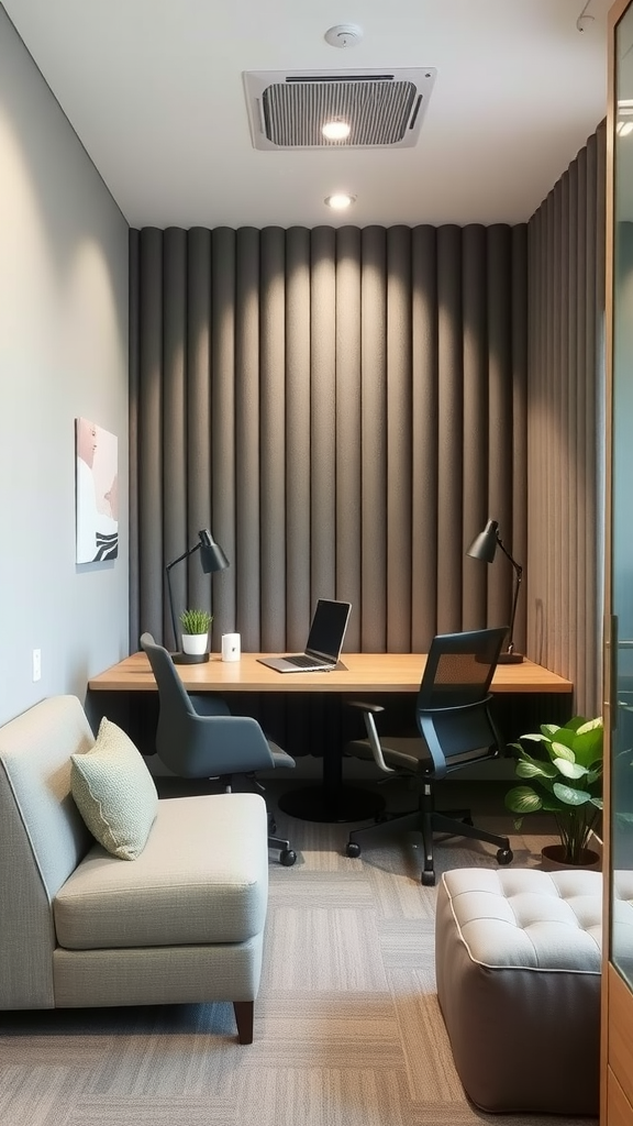 A cozy and stylish home office setup with soundproof wall panels, a wooden desk, and comfortable seating.