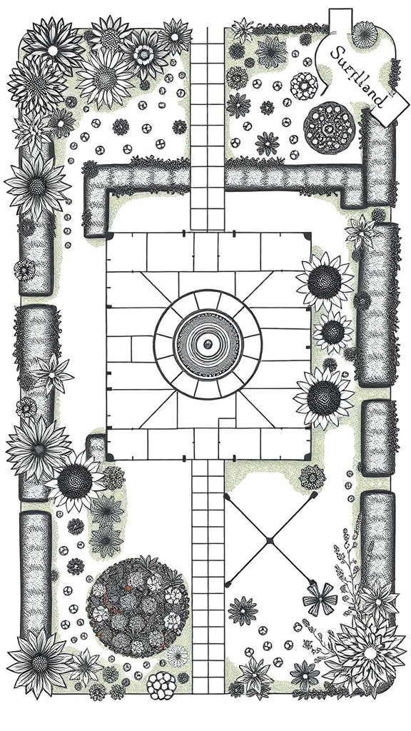 Garden design layout featuring a wildflower meadow patch with various flowers and pathways.