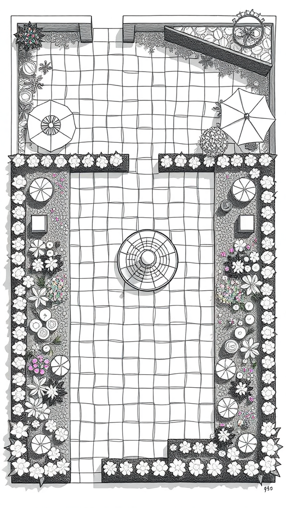 A detailed layout of a cottage garden design featuring flower borders, seating areas, and a fountain.