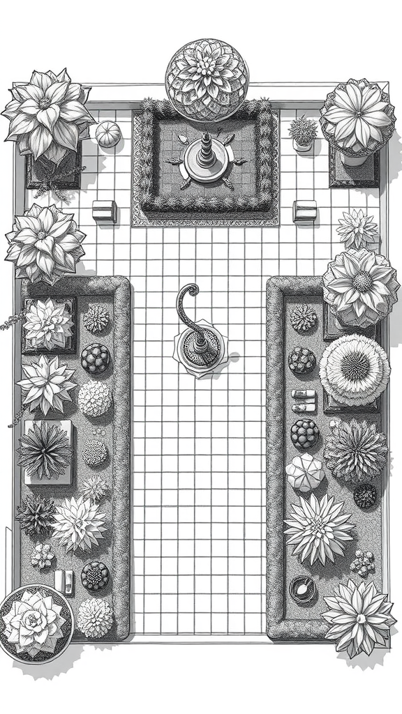 Illustration of a garden layout featuring various plants and a central fountain.