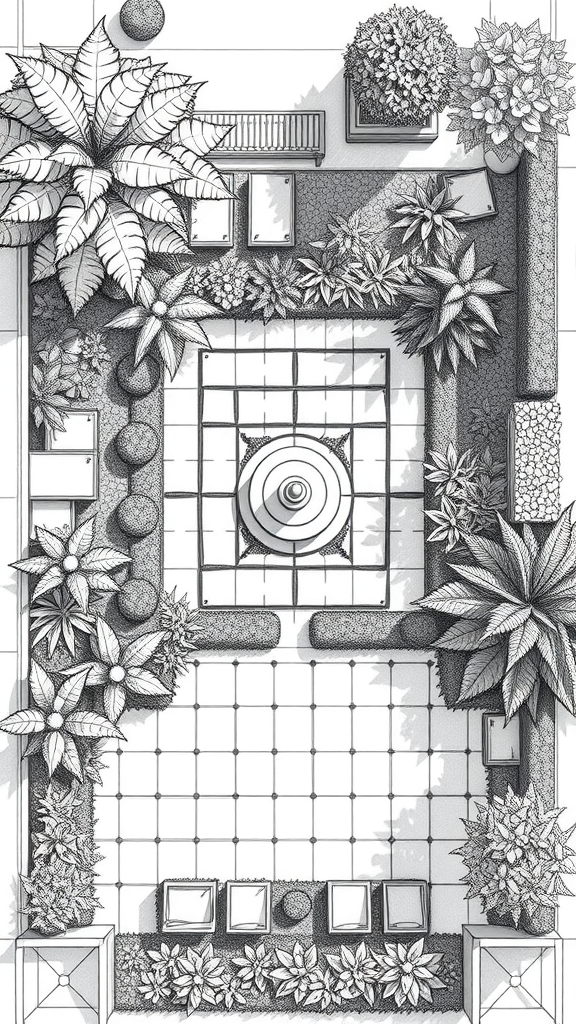 A detailed garden plan layout featuring a square design with a central fountain and various lush plants.