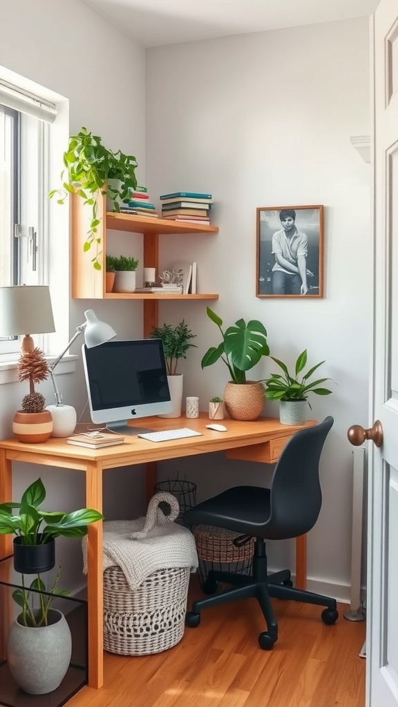 A cozy home office with natural elements, featuring a wooden desk, plants, and a computer.