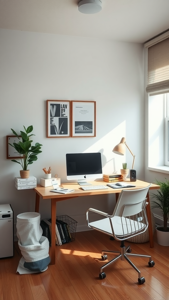 A minimalist home office setup featuring a wooden desk, computer, and decorative plants.