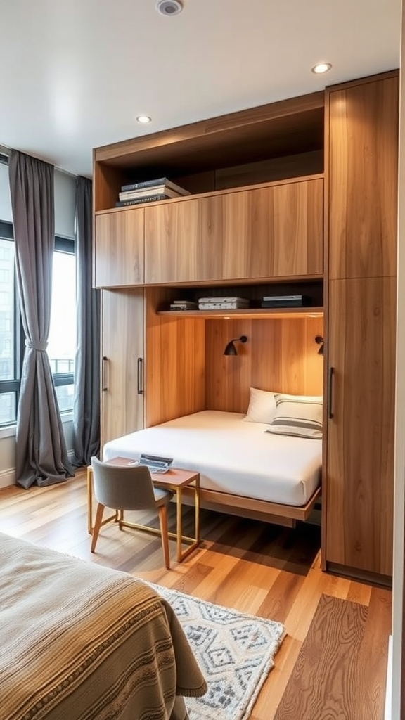 A cozy home office setup featuring a Murphy bed that transforms into a desk area, with warm wood tones and minimalist decor.