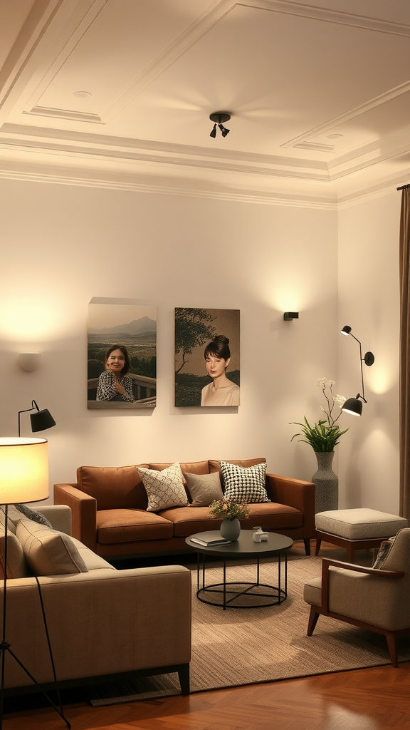 A stylish living room with warm lighting, featuring a brown sofa and decorative plants.