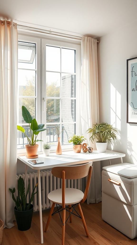 Bright and inviting small office space with natural light and plants.