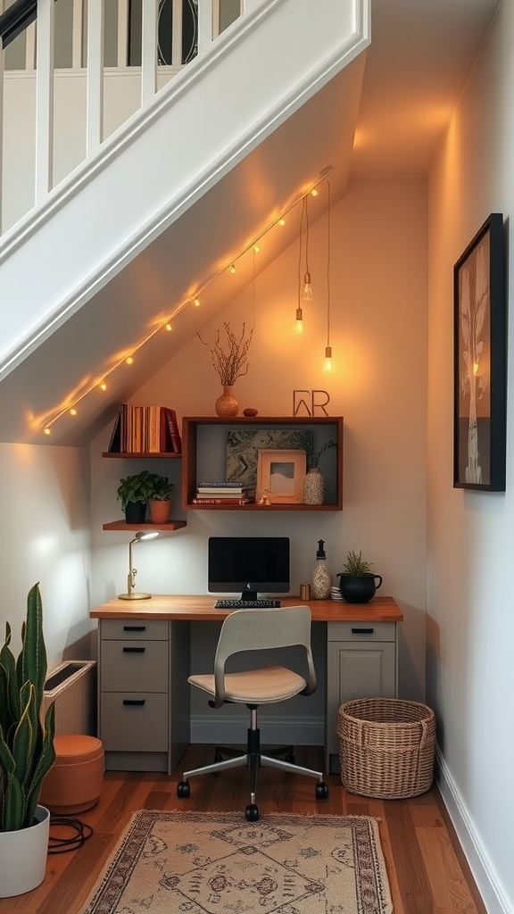 A cozy under-stair office setup featuring warm lighting, a wooden desk, and plants.