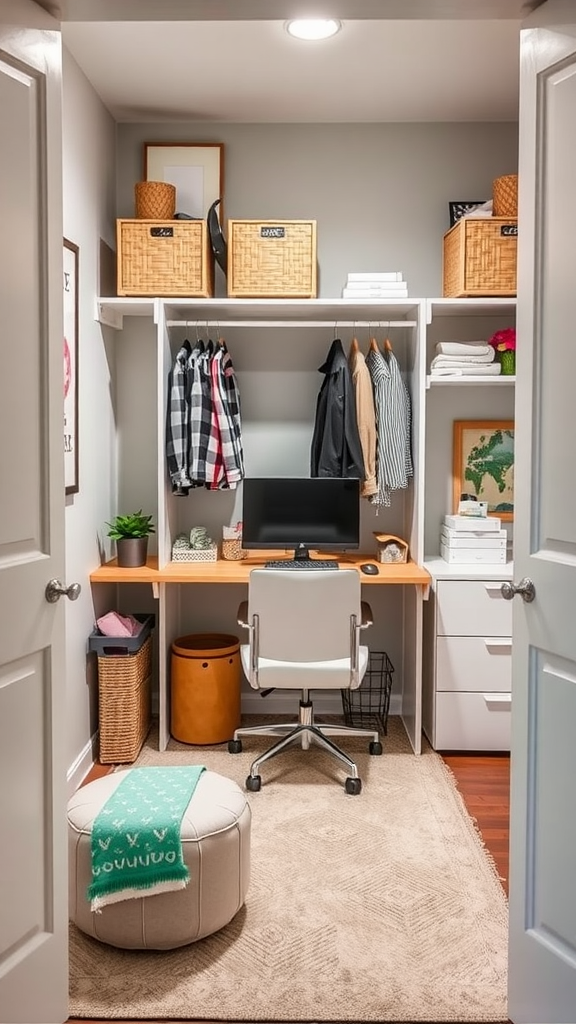 A small, stylish home office setup inside a closet, featuring a desk, computer, and organized storage.