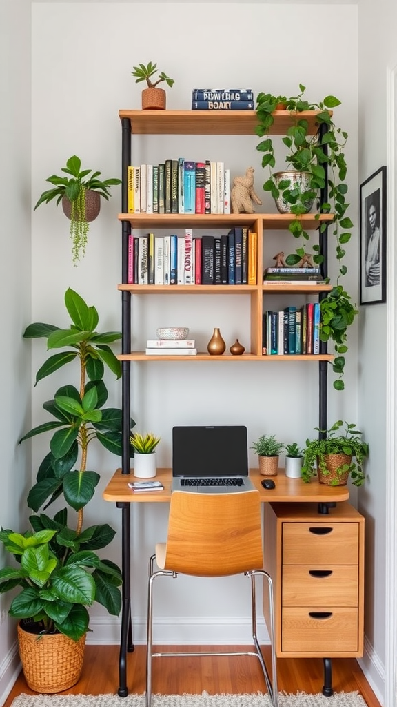 Cozy home office with a desk, laptop, shelves, and plants.