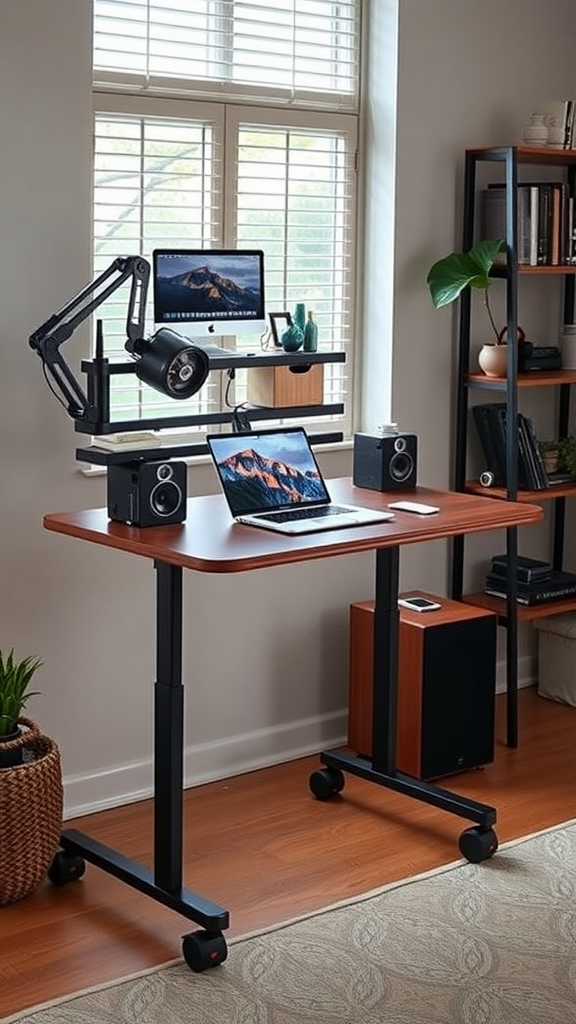 Mobile wooden desk with computer setup and speakers in a bright room