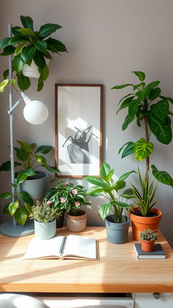 A cozy desk setup with various plants and an open book on a wooden desk.