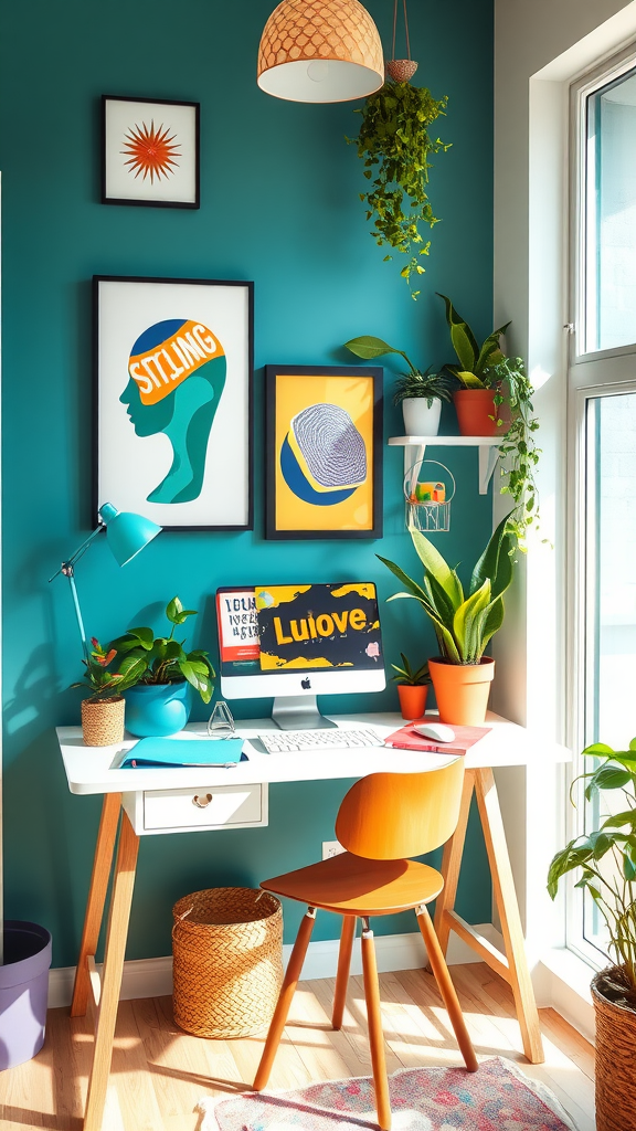 A cozy desk area with colorful wall art and plants, featuring a computer and stylish chair.