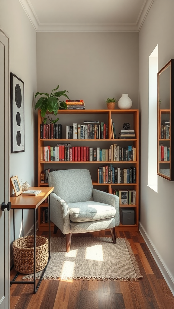 Cozy reading nook with a chair, bookshelf, and small desk