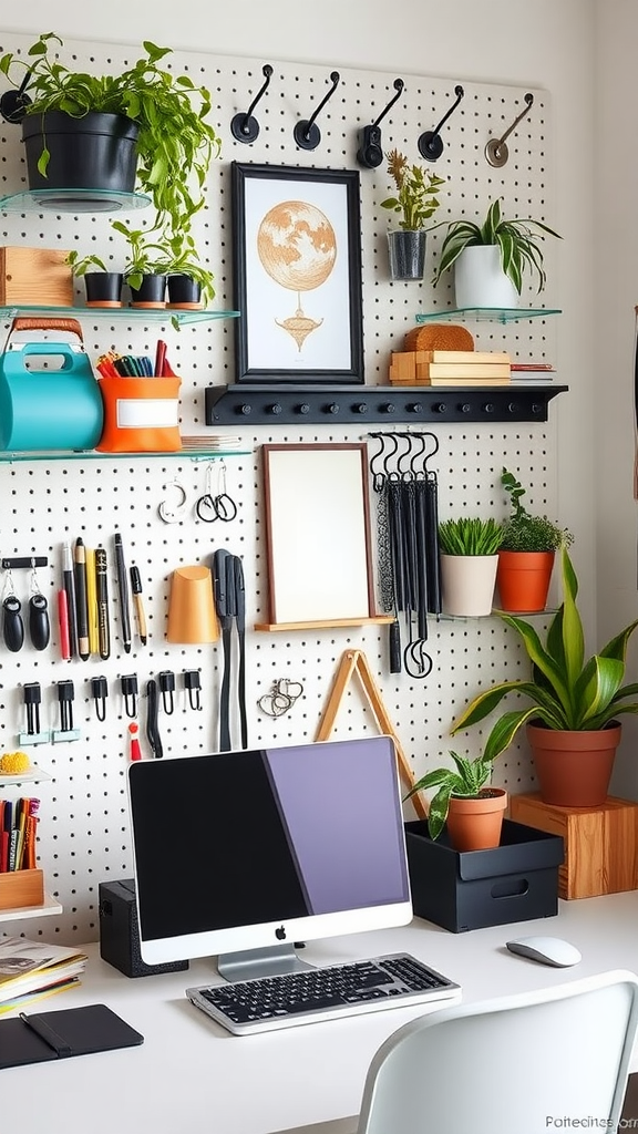 A cozy corner desk setup with plants, a desk lamp, and artwork on the walls.