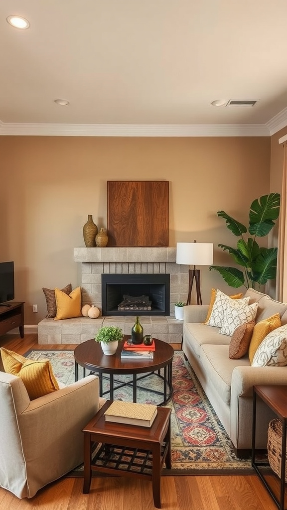 Cozy living room with warm colors and plants