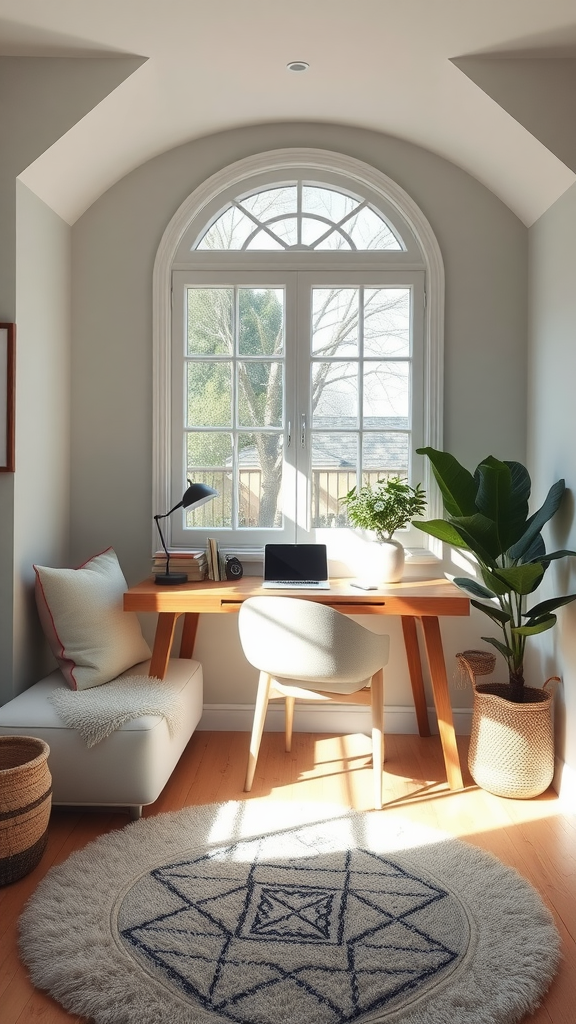 Cozy home office setup with a bay window, desk, and plants.