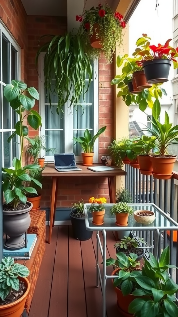 A bright and cozy balcony office filled with plants, featuring a small desk with a laptop and decorative pots.