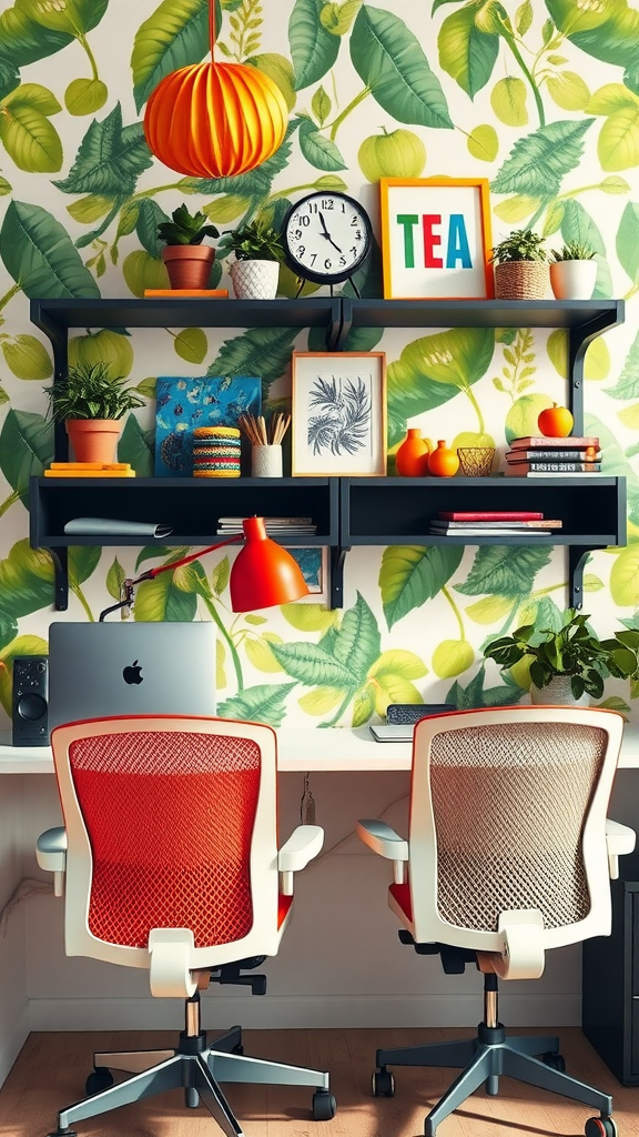 Stylish wall-mounted desk with colorful decor and plants.