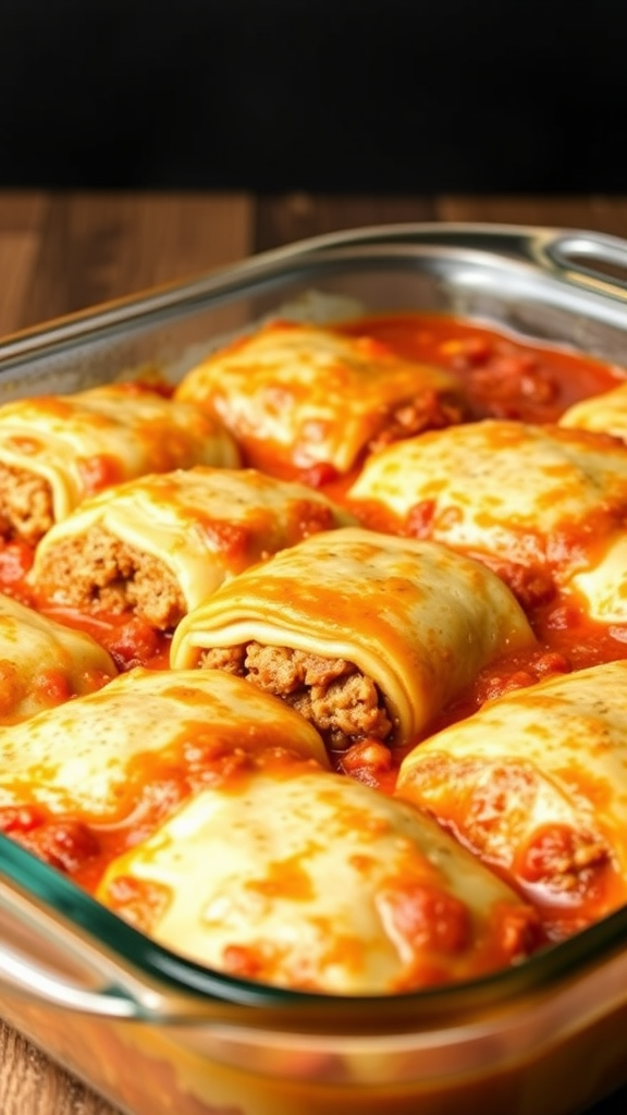 A delicious cabbage roll casserole with meat and cheese, fresh out of the oven.