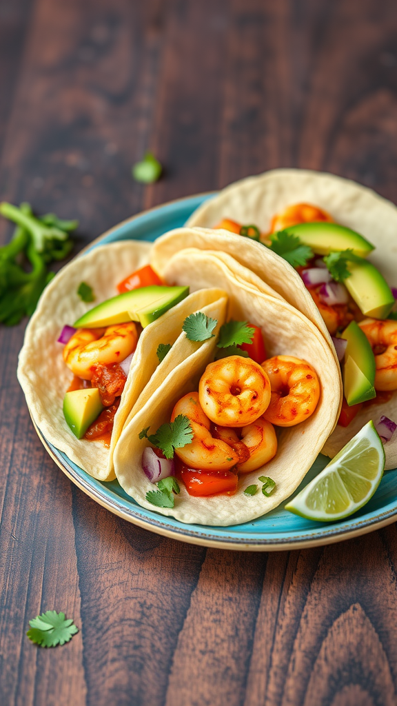 quick and easy gluten free dinner - Plate of chili lime shrimp tacos with fresh toppings