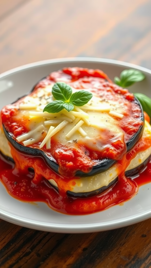 A plate of Eggplant Parmesan with marinara sauce and cheese on top, garnished with basil.