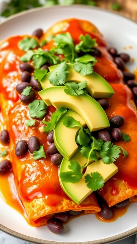 Delicious sweet potato and black bean enchiladas topped with avocado and cilantro.