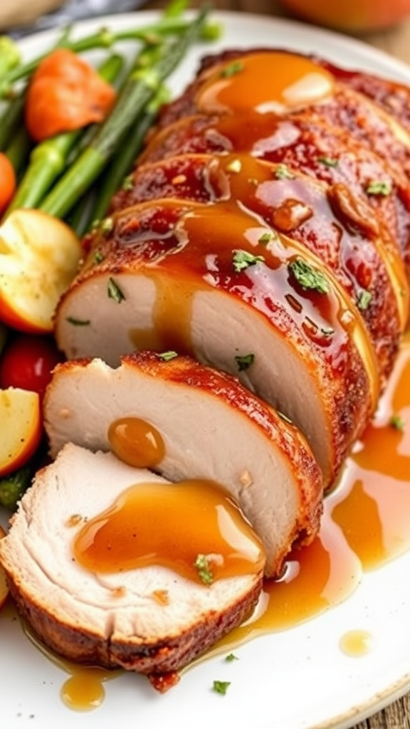 Sliced pork tenderloin drizzled with apple cider glaze, served with vegetables.