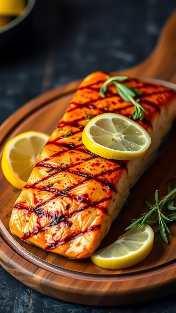 A beautifully grilled salmon fillet garnished with lemon slices and herbs on a wooden plate.