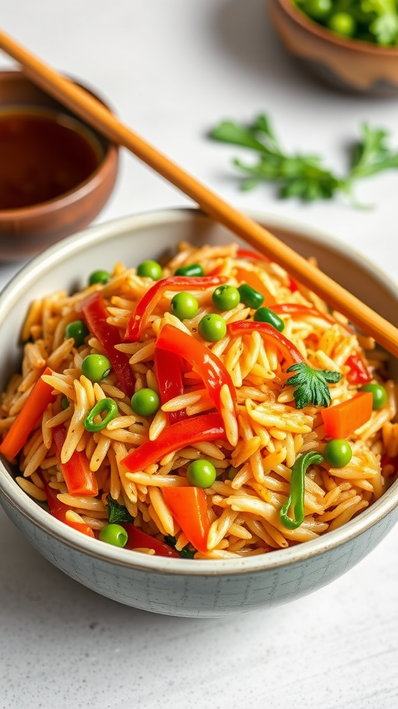 A bowl of Vegetable Fried Rice with colorful vegetables and chopsticks.