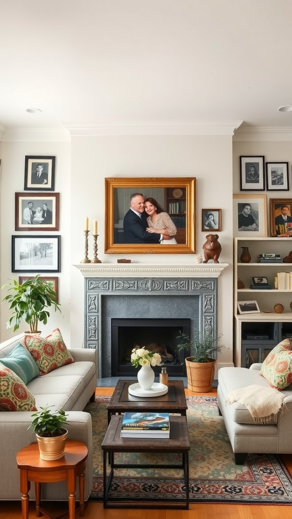 A cozy living room decorated with family photos, featuring a fireplace and plants.