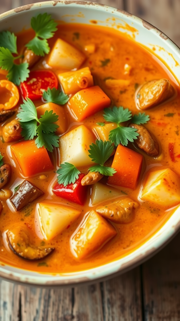 A bowl of Thai coconut curry with assorted vegetables, garnished with fresh cilantro.