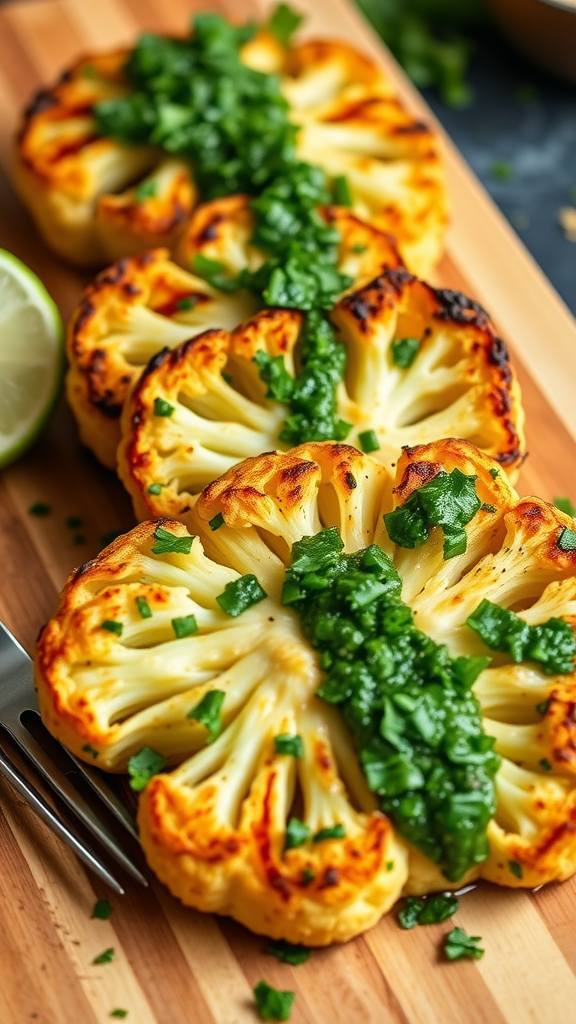 Grilled cauliflower steaks topped with chimichurri sauce on a wooden board