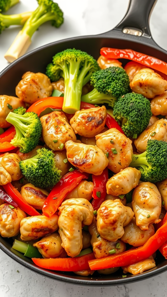 A colorful chicken stir-fry with broccoli and bell peppers in a skillet.