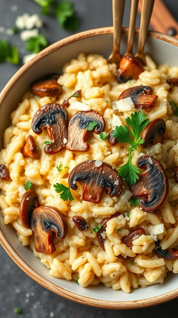 A delicious bowl of creamy mushroom risotto topped with mushrooms and parsley