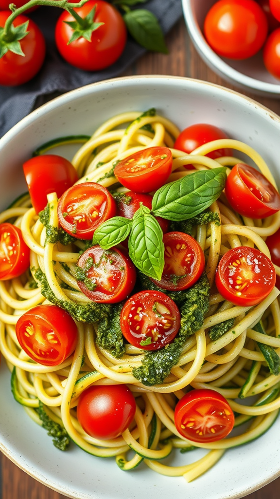 A bowl of zucchini noodles topped with pesto and cherry tomatoes, garnished with fresh basil.