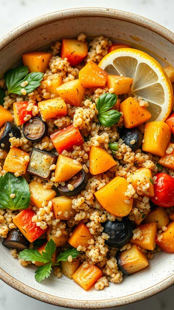 A bowl filled with quinoa salad mixed with roasted vegetables and garnished with lemon and herbs.