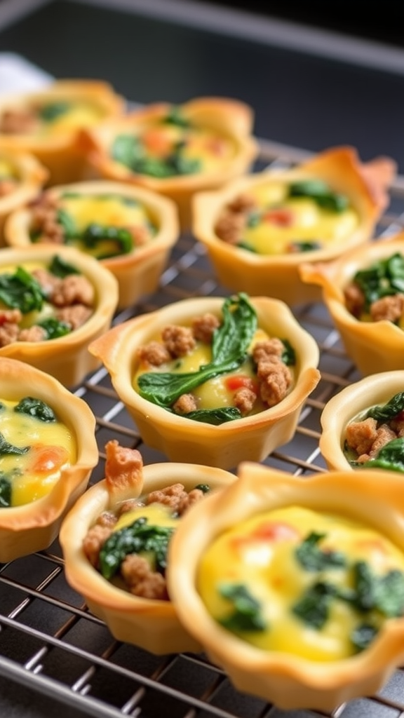 A tray of beef and spinach quiche cups, baked in pastry shells and filled with a mixture of ground beef, spinach, and egg.