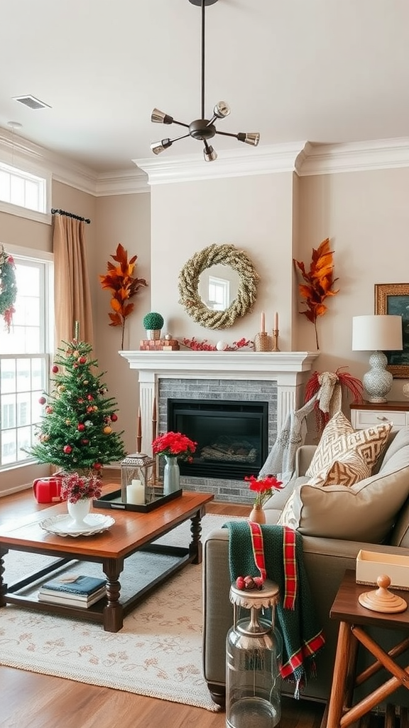 Cozy living room decorated for the season with a small Christmas tree and colorful accents.