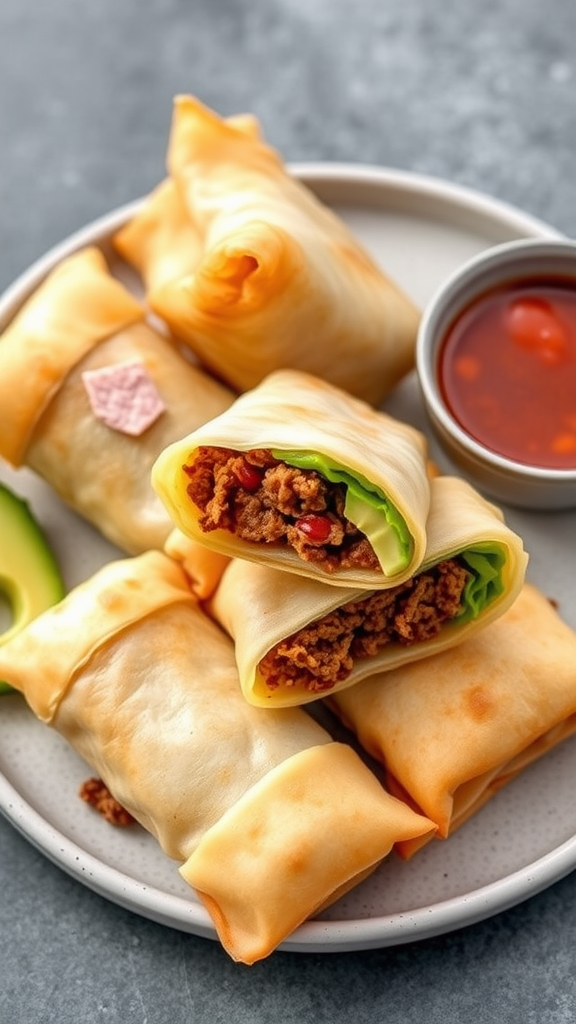 Crispy beef avocado egg rolls with a side of dipping sauce.