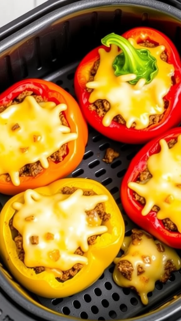 Colorful stuffed peppers filled with ground beef and melted cheese in an air fryer.