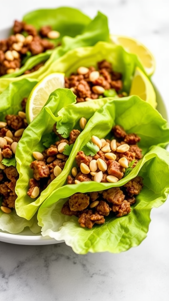 Thai Basil Beef Lettuce Cups with ground beef, pine nuts, and lime on a white plate.