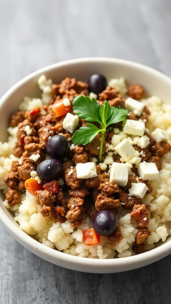 A bowl of Mediterranean beef with cauliflower rice, garnished with olives, feta cheese, and parsley.