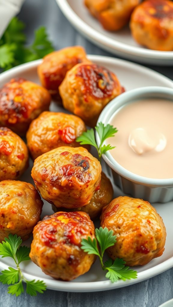 Golden-brown beef meatballs on a plate with a creamy dipping sauce and garnished with parsley.