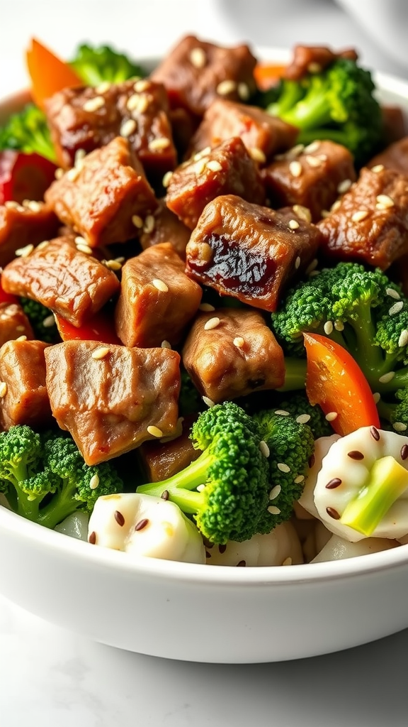 A bowl of Asian-inspired beef and broccoli with colorful vegetables and sesame seeds.