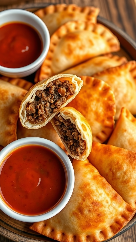 A platter of golden-brown air fryer beef empanadas with dipping sauce.