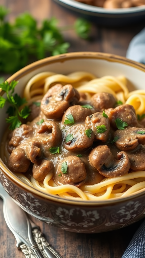 A delicious bowl of ground beef and mushroom stroganoff served over egg noodles with fresh parsley on top.