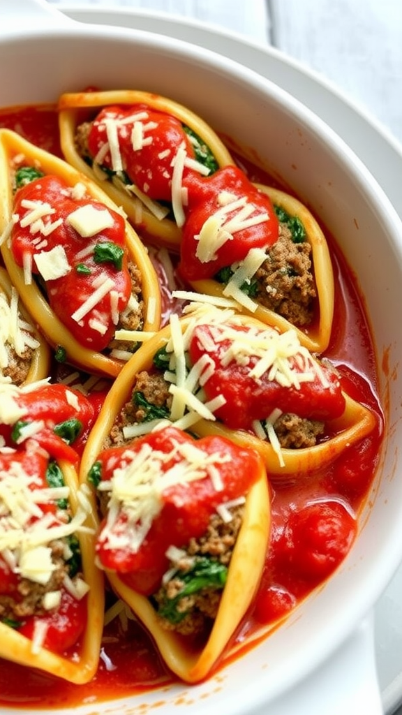 A close-up of Italian Beef and Spinach Stuffed Shells in marinara sauce, topped with cheese.